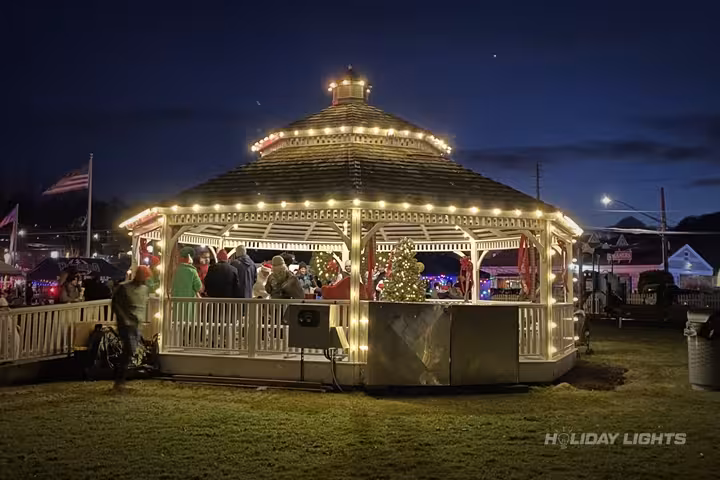 Town square gazebo decorated with C9 Christmas lights for municipal holiday displays