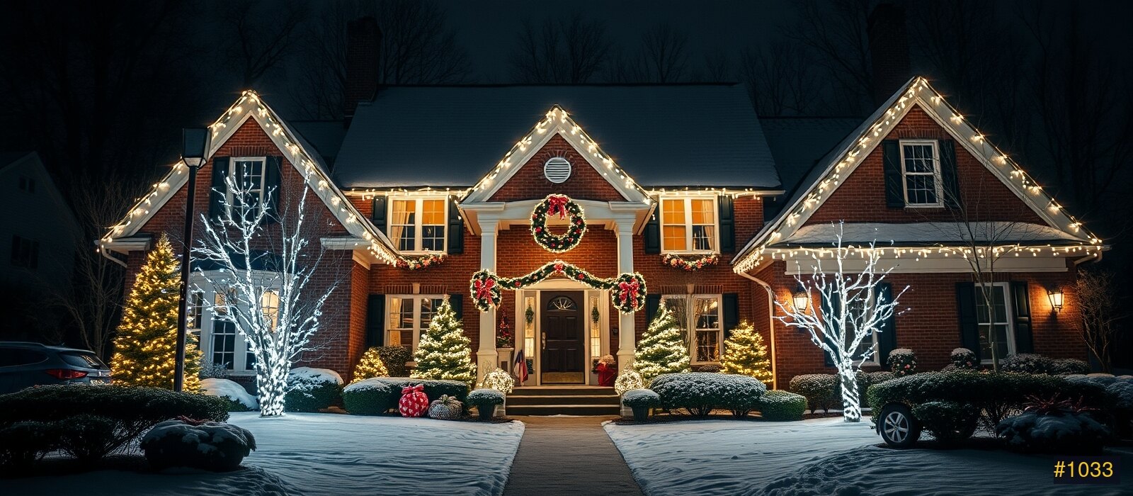 Festive Middletown home at night